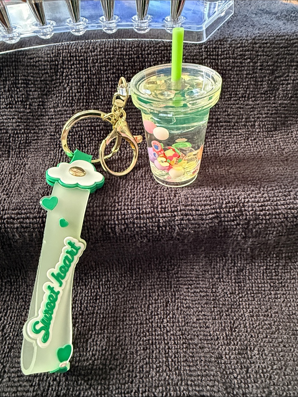 Green 'Sweet Heart' Silicone Wrist Keychain with Clear Drink Charm Keyring